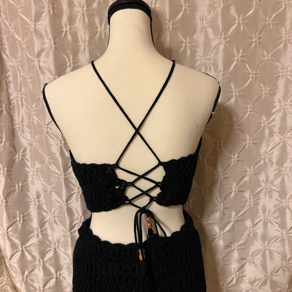 VICI Black Ivie Crochet Two-Piece Halter Crop Top Midi Skirt Set - Picture 4 of 16